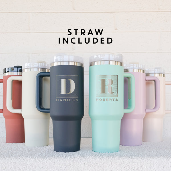 Personalized 40oz Modern Initial Tumbler with Handle, Design: K5