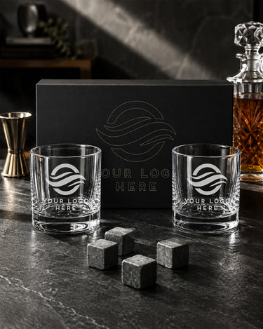 Two logo-etched rocks glasses with an outline-engraved black magnetic box and four visible whiskey stones on a dark bar.