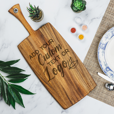 Rectangular wood cutting board laser engraved with your custom text, logo, or artwork. This acacia wood board is laser engraved in Scottsdale, Arizona.