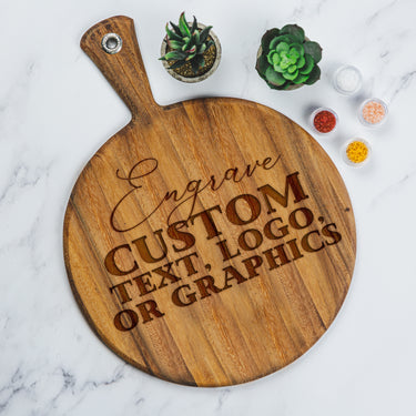 Custom engraved round charcuterie board that can include any text, logo, or artwork.