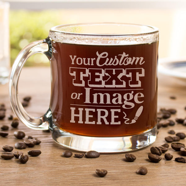 Etched glass coffee mug is customized with your logo, monogram, image, or text.