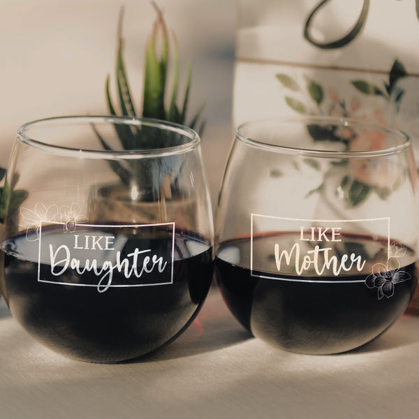 Etched Stemless Red Wine Glasses Set of 2 Mother & Daughter - Design: MD2