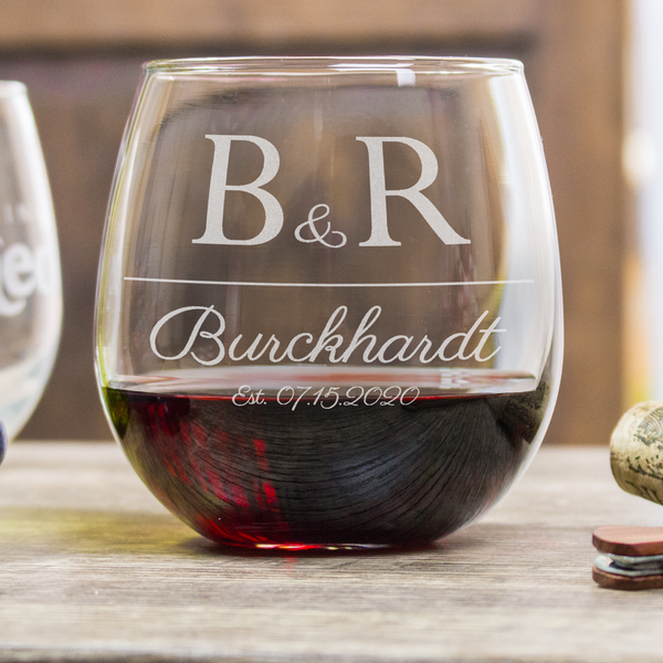 Etched Stemless Red Wine Glasses Anniversary - Design: L2
