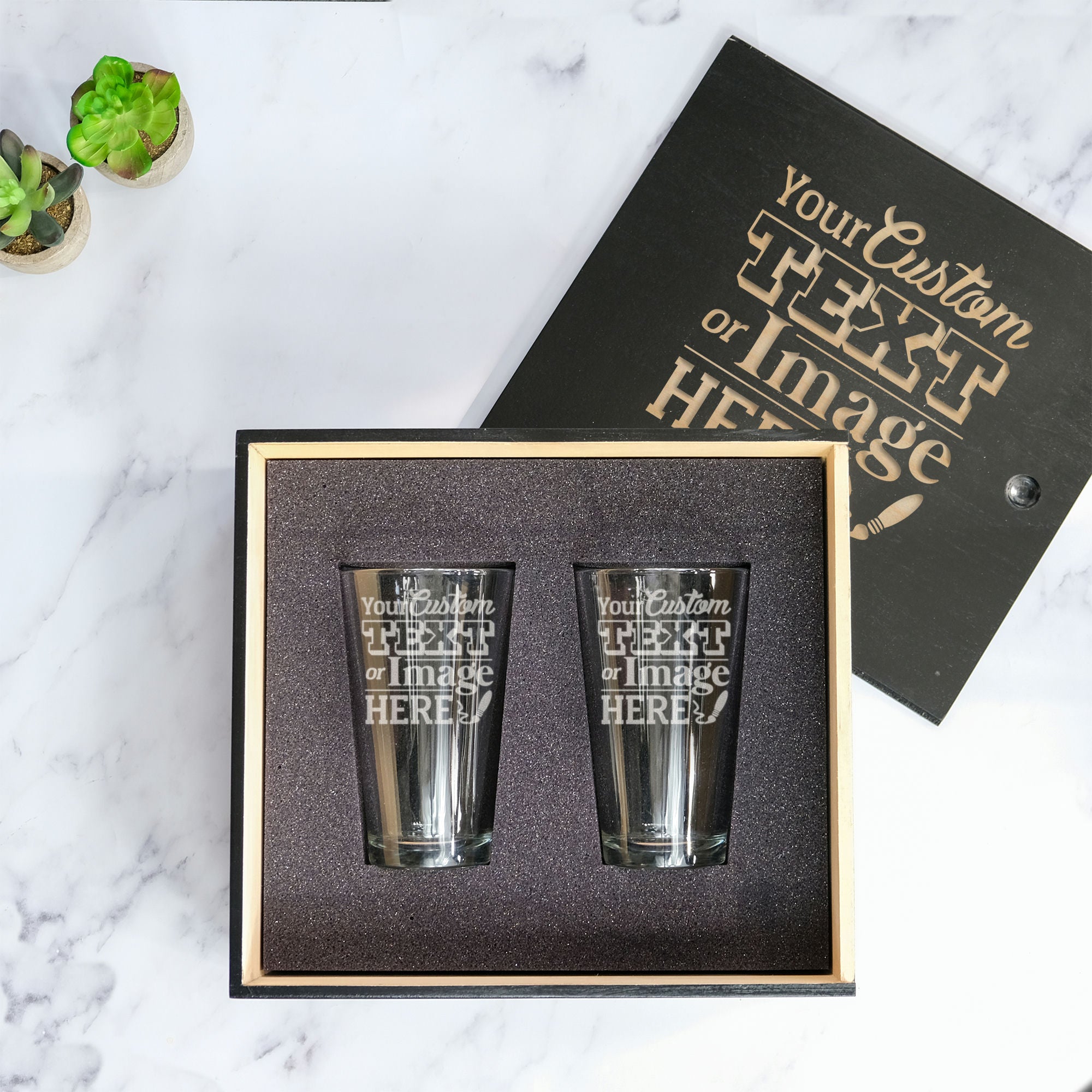 Custom Pint Set in Wood Slide Gift Box, Design: CUSTOM