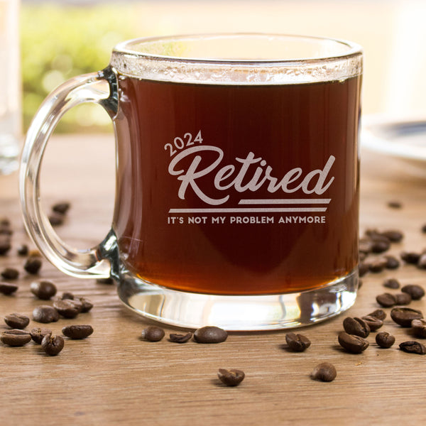 Personalized 2024 Retirement Glass Coffee Mug, Design: RETIRED3