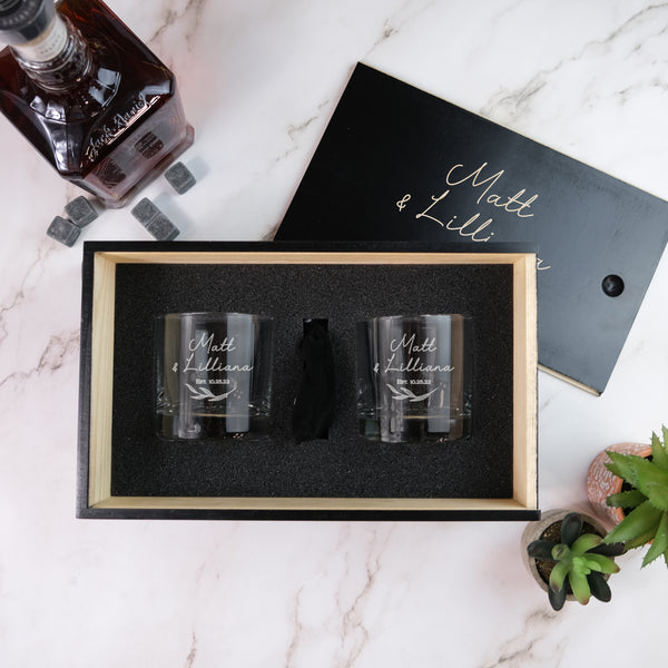 Personalized Minimalist Whiskey Glass Box Set for a Couple, Design: N9