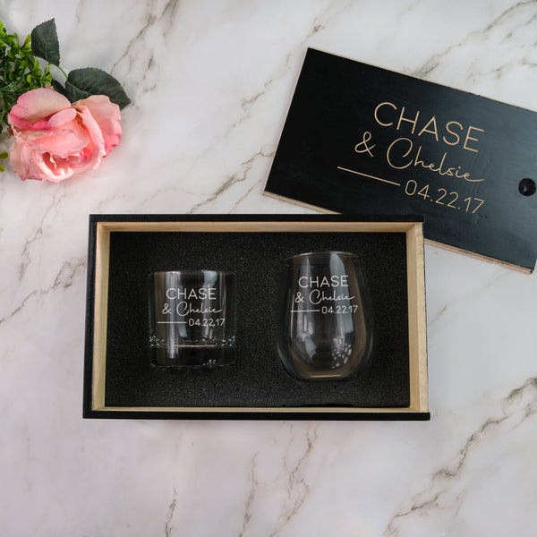 Personalized His and Hers Whiskey & Wine Gift Set, Design: N6