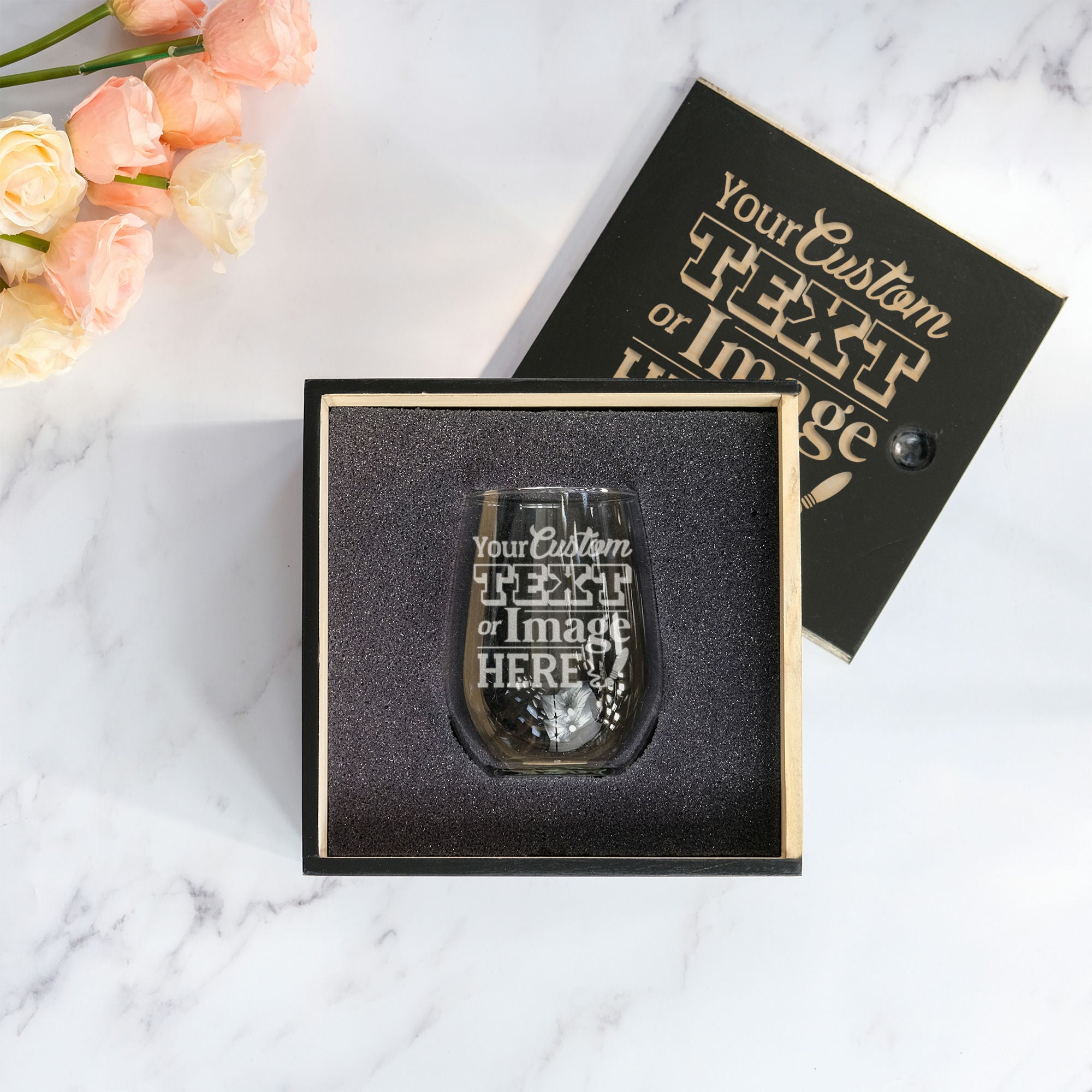 Custom Stemless Wine Glass in Wood Slide Gift Box, Design: CUSTOM