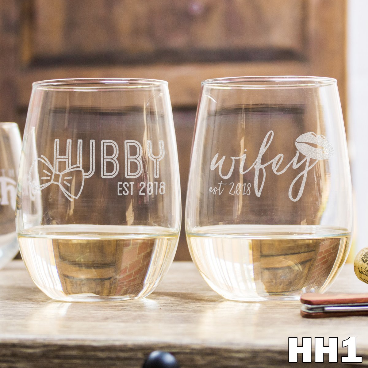 2 Stemless White Wine Glass Set - Design: HH1 - Everything Etched