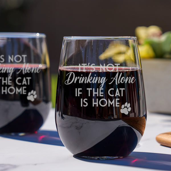 Etched Cat Drinking Stemless Wine Glasses - Design: ALONECAT