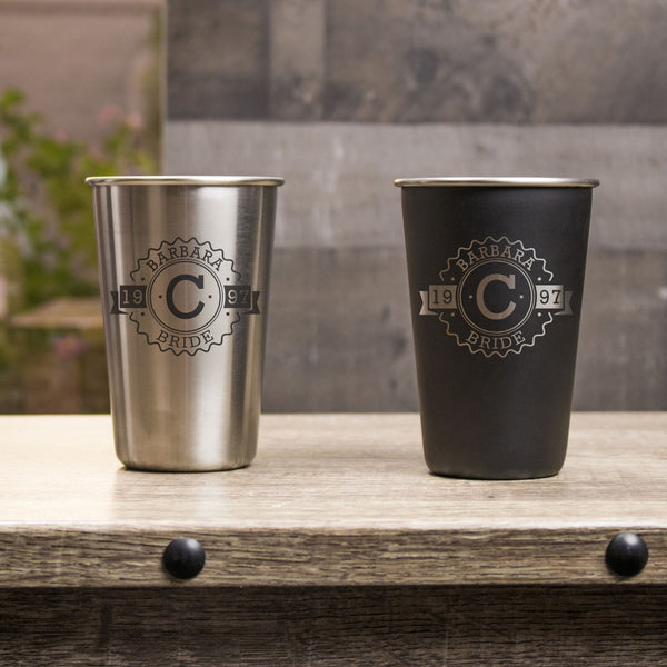 16 oz Stainless Steel Pint Glass for a Wedding Party - Design: B1