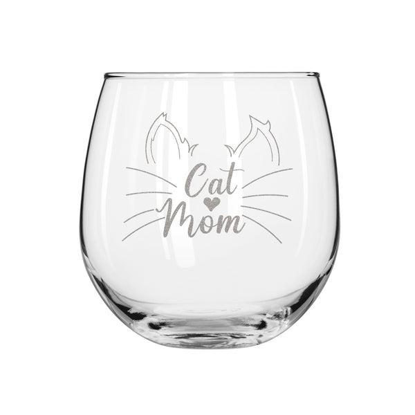 Etched Cat Mom Stemless Red Wine Glasses - Design: CATMOM