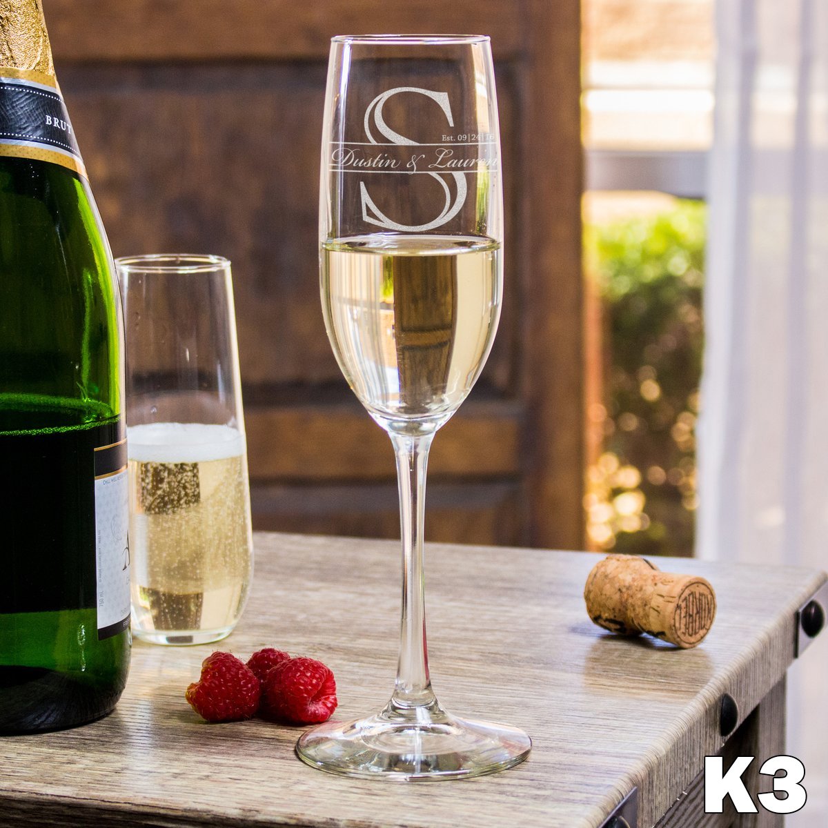 Etched Champagne Flutes Monogram - Design: K3 - Everything Etched