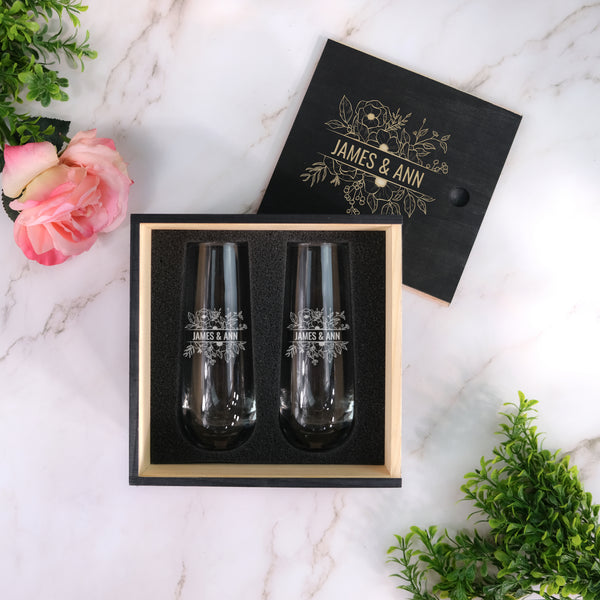 Floral Personalized Champagne Glass Gift Set, Design: N10