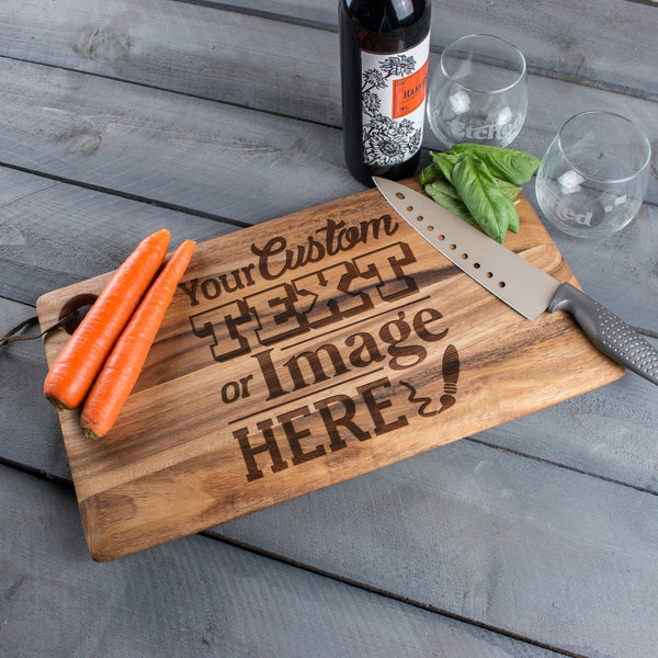 Personalized large wood cutting board is customized with your logo, monogram, image, or text.