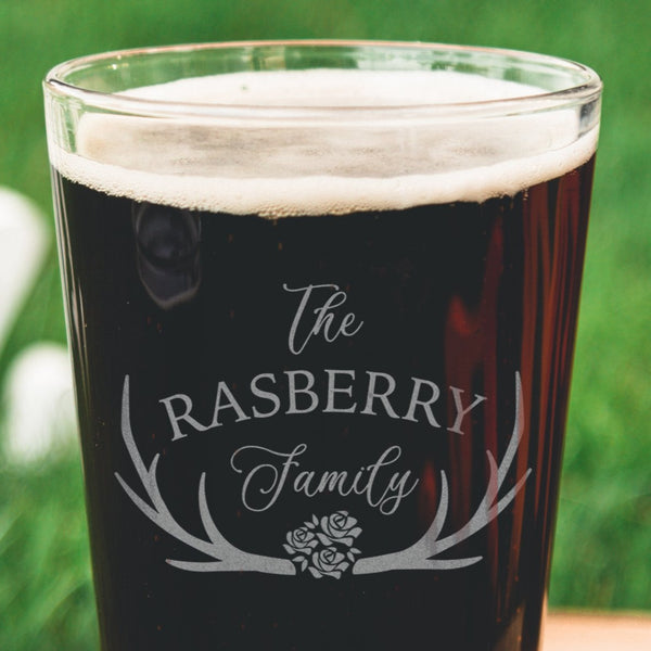 Family Name & Antlers Pint Glass - Design: FM7