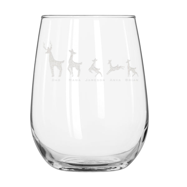 Deer Family Personalized Holiday Stemless Wine Glass, Design: FM9