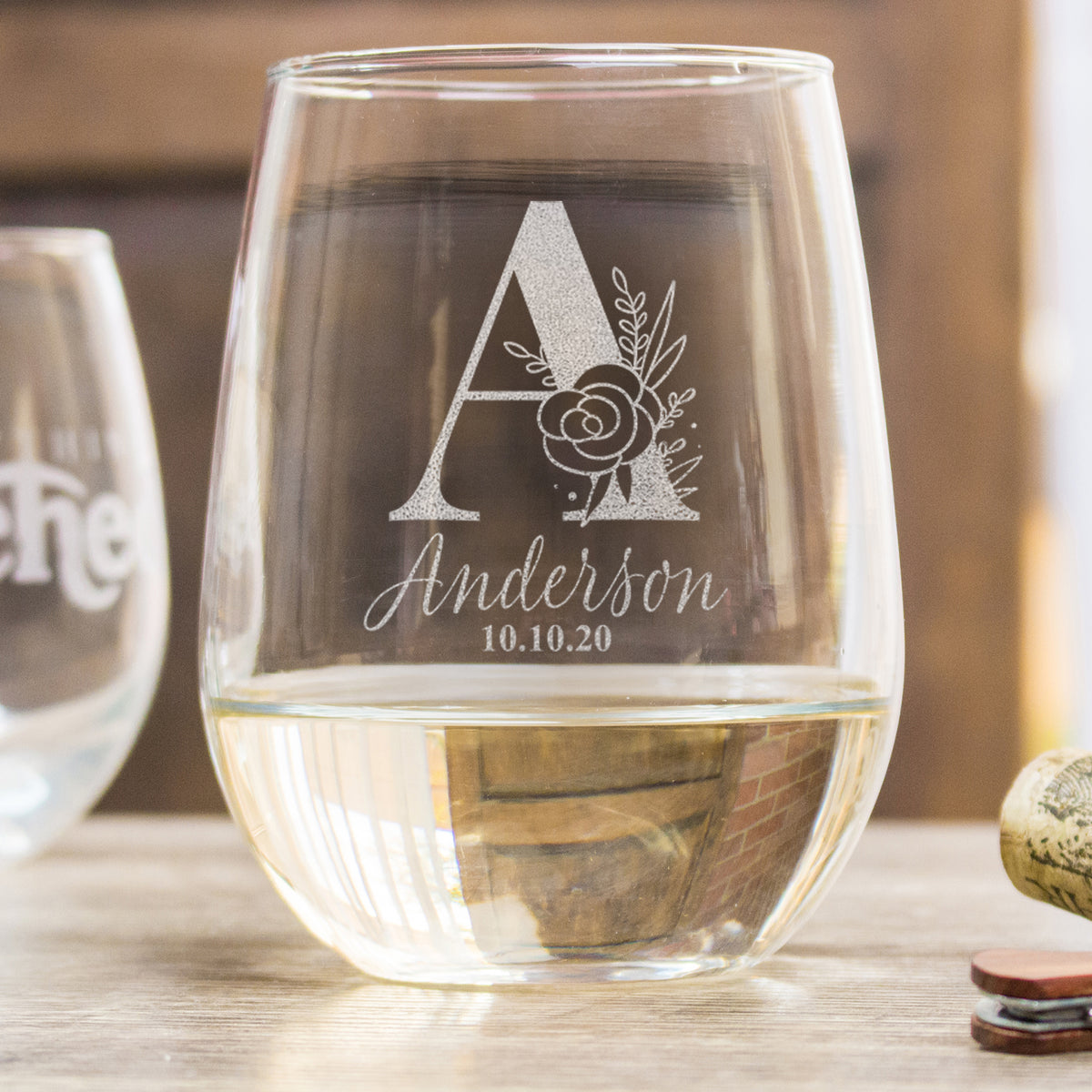 Etched Wine Glass With Initial, Personalized Last Name Glasses, Floral  Initial Design, Custom Name Gifts, Design: K4 