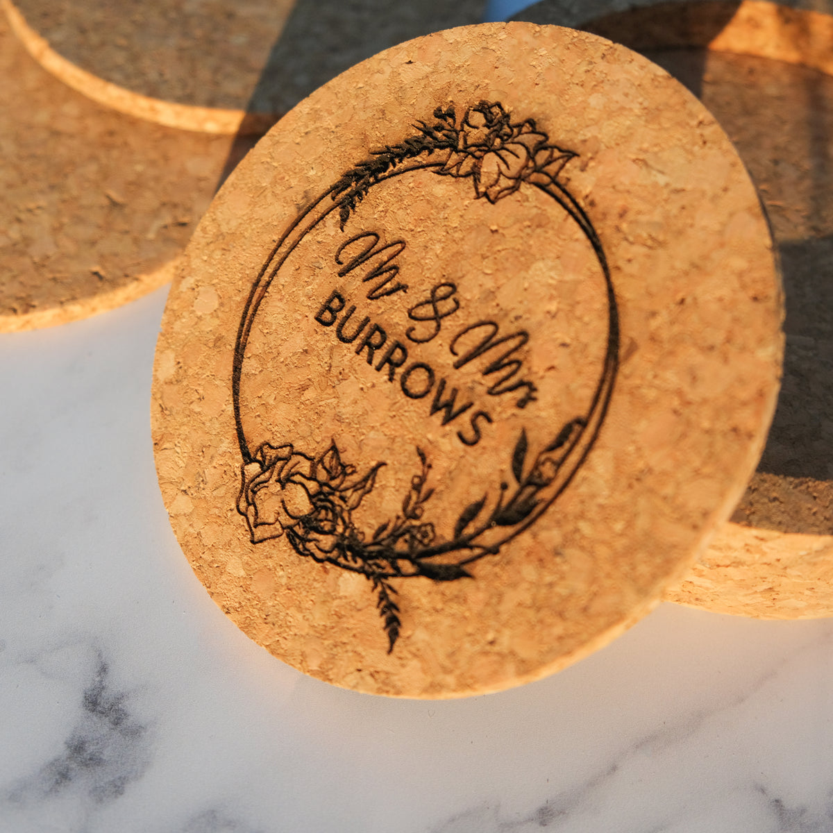 Personalized Cork Coaster Set for Couples, Design: N8 - Everything Etched
