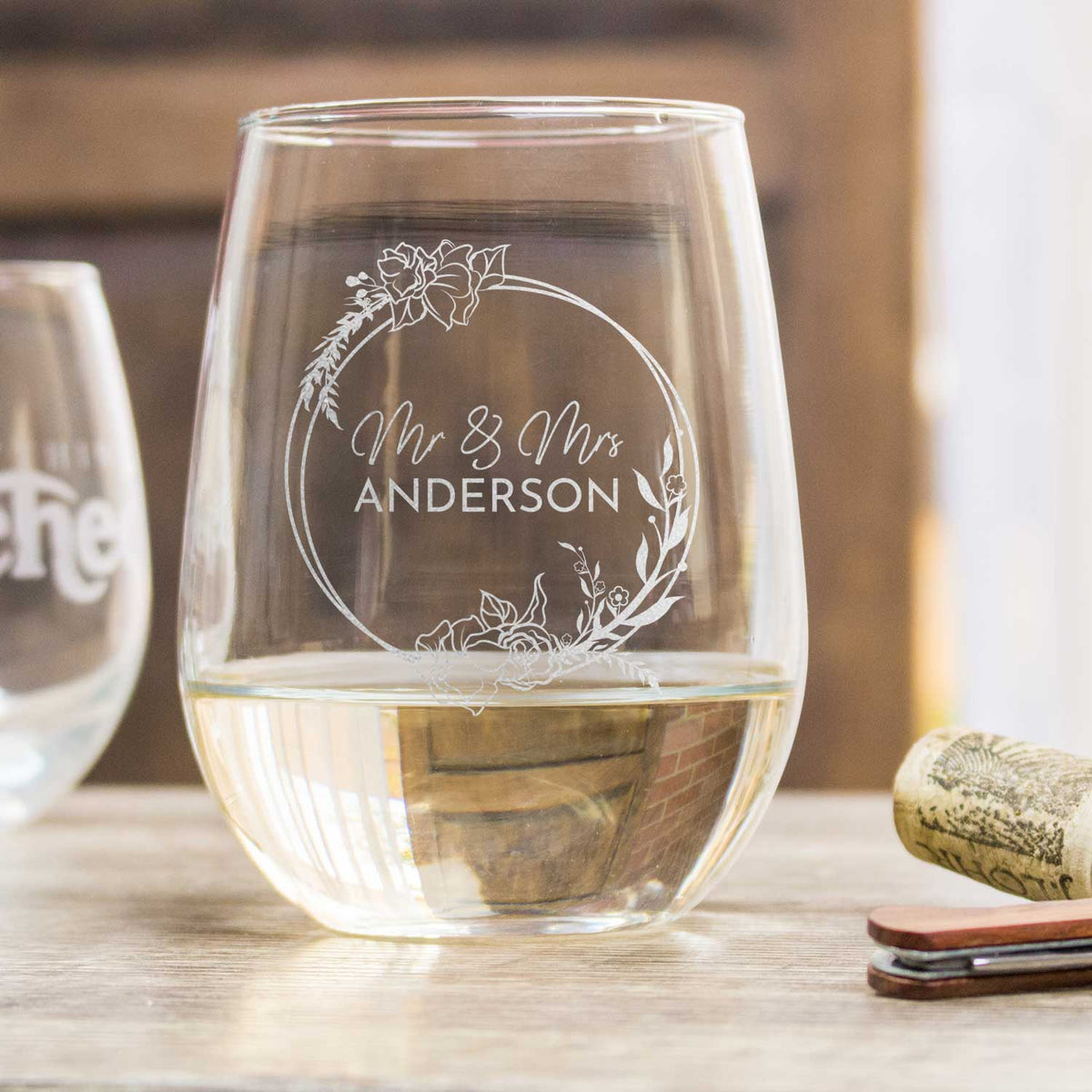 Etched Stemless White Wine Glasses Personalized - Design: S3