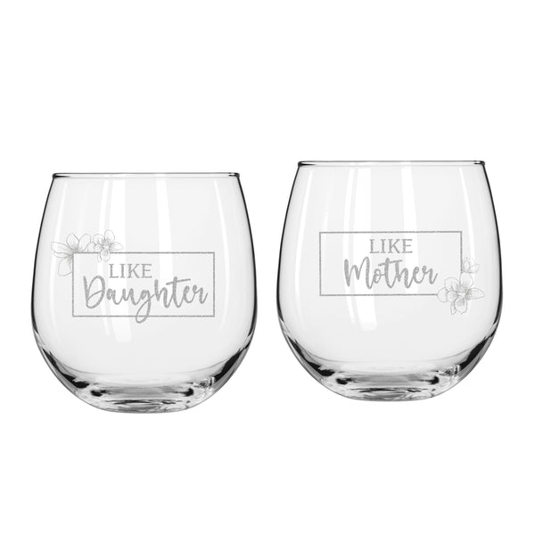 Etched Stemless Red Wine Glasses Set of 2 Mother & Daughter - Design: MD2