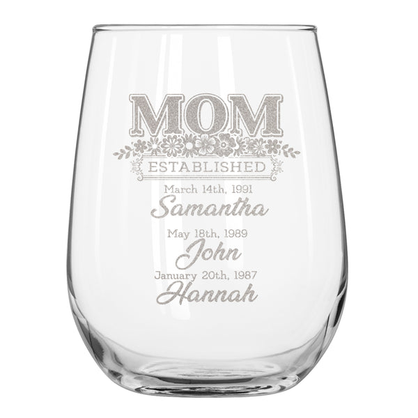 Mom Established Etched Stemless White Wine Glasses - Design: MOMEST