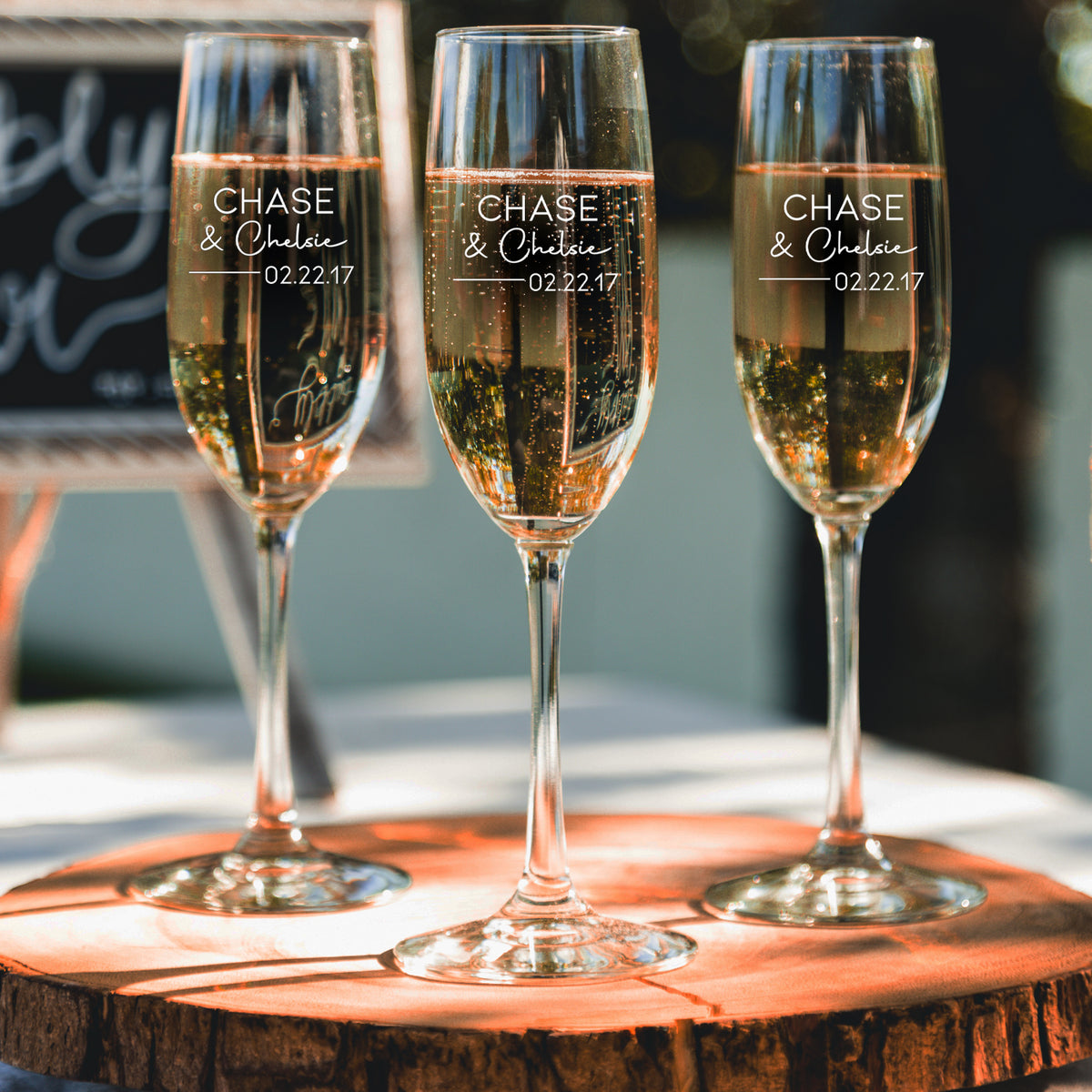 Bride & Groom Champagne Glass Set - Design: HH6 - Everything Etched