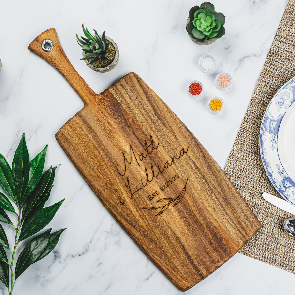 Olivewood Cutting Board w/ Handle : Custom ENGRAVING INCLUDED