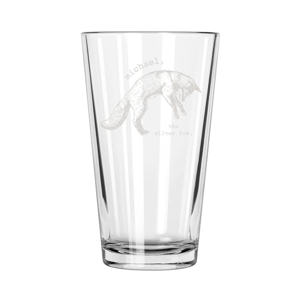Personalized Silver Fox Pint Glass for Him, Design: BDAY6