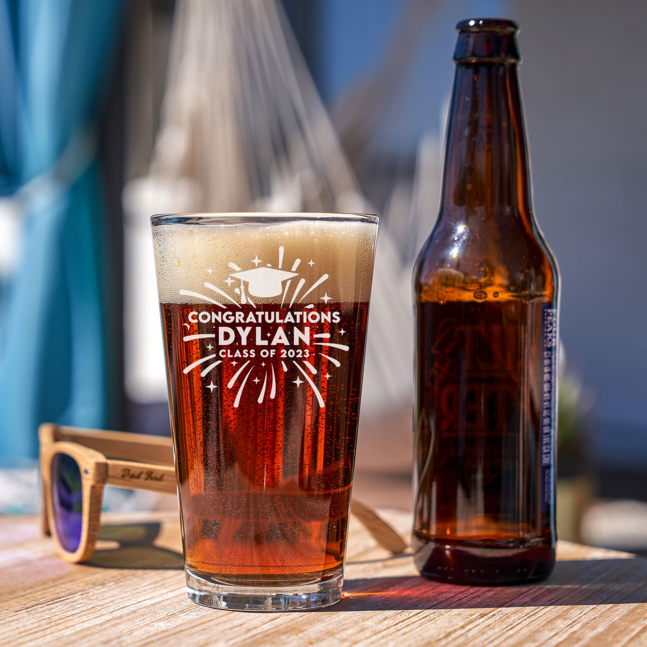 Personalized Fireworks Engraved Graduation Pint Glass, Design: GRAD3