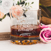 Whiskey glass on a table. The glass has an etched design centered on the front. The design says "AGED TO PERFECTION" in all caps print font. Then below it says "EST." and then below is a banner that says "1988" in the middle. Then under that says "ELIZABETH" in all caps print font. Then at the bottom there is a swirly line and firwork lines around the entire design.