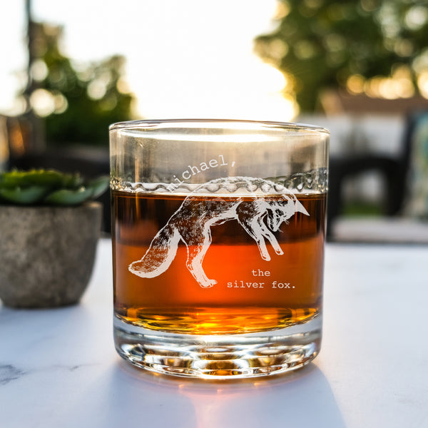 Personalized Silver Fox Whiskey Glass for His Birthday, Design: BDAY6