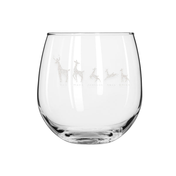 Deer Family Personalized Stemless Red Wine Glass, Design: FM9