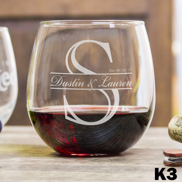 Etched Stemless Red Wine Glasses Monogram - Design: K3