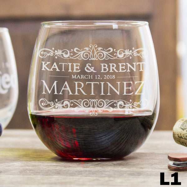 Etched Stemless Red Wine Glasses Anniversary - Design: L1