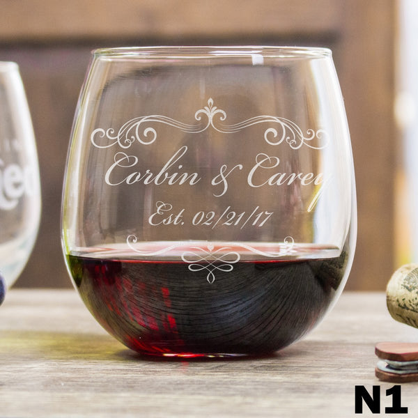 Etched Stemless Red Wine Glasses Couples - Design: N1