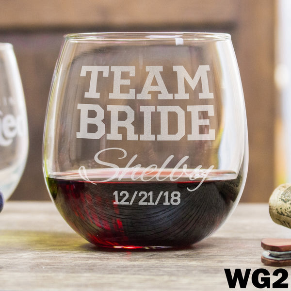 Etched Stemless Red Wine Glasses Team Bride - Design: WG2