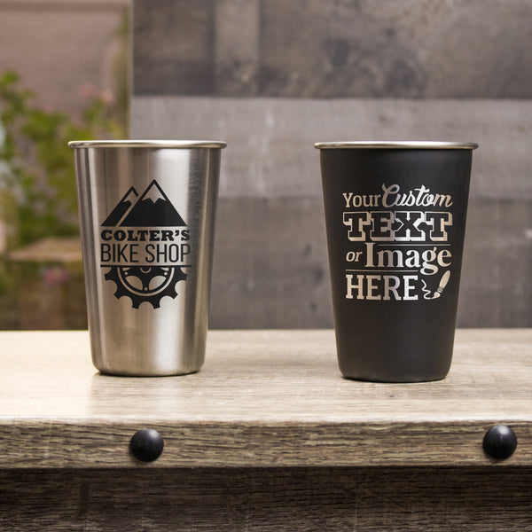Custom stainless steel pint glasses are personalized with your logo, monogram, image, or text.