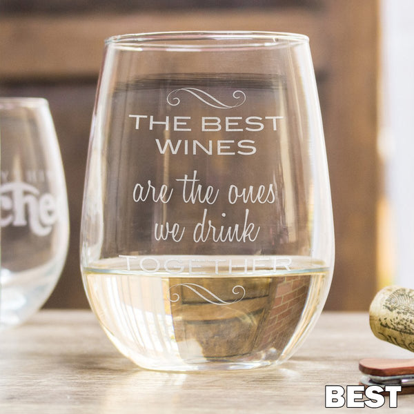 Etched Stemless White Wine Glasses - Design: BEST