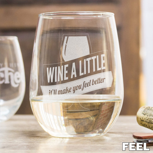 Etched Stemless White Wine Glasses - Design: FEEL
