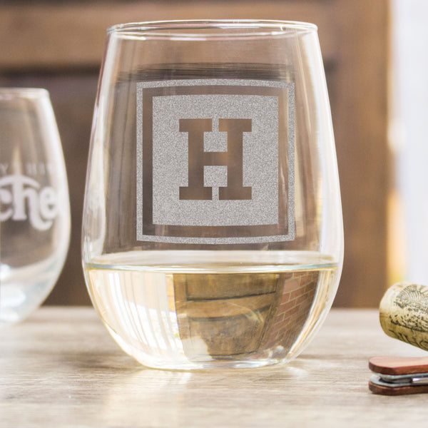 Etched Stemless White Wine Glasses - Design: INITIAL1