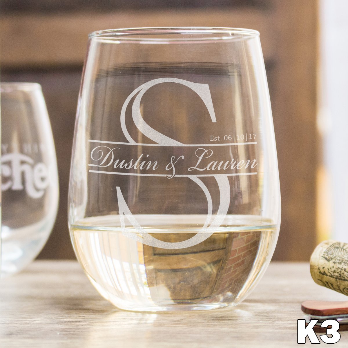 Etched Fancy Initial Wine Glass, Design: K6