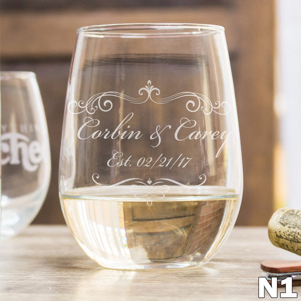 Etched Stemless White Wine Glasses Couples - Design: N1