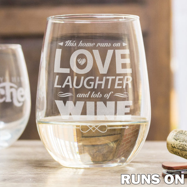 Etched Stemless White Wine Glasses - Design: RUNSON