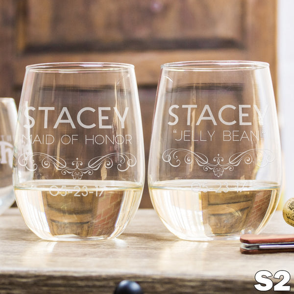 Etched Stemless White Wine Glasses Personalized - Design: S2