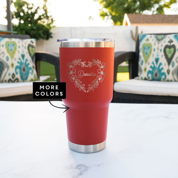 Personalized Floral Heart Engraved Stainless Steel Tumbler, Design: M5
