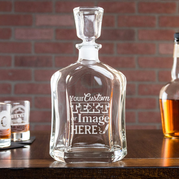 Engraved whiskey decanter is customized with your logo, monogram, image, or text.