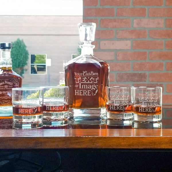 Personalized whiskey glass set with decanter is customized with your logo, monogram, image, or text.