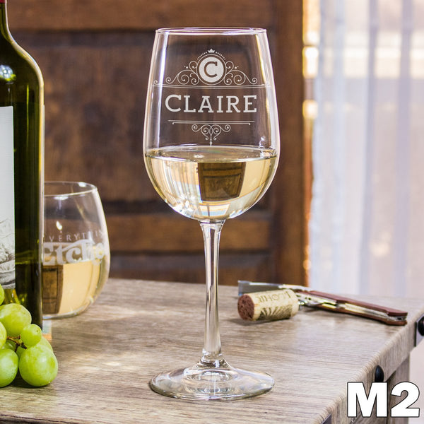 Etched White Wine Glasses Monogram - Design: M2