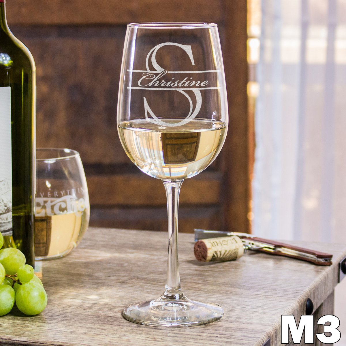 Etched Stemless White Wine Glasses Monogram - Design: M3